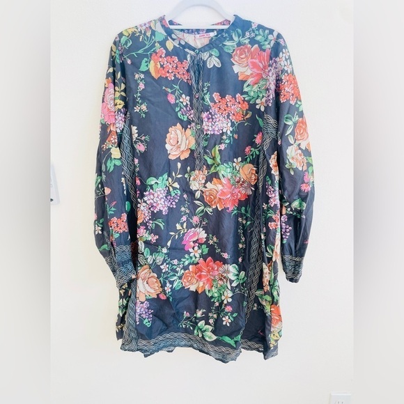 Johnny Was Grey Pink multicolor floral button up long sleeve tunic top L